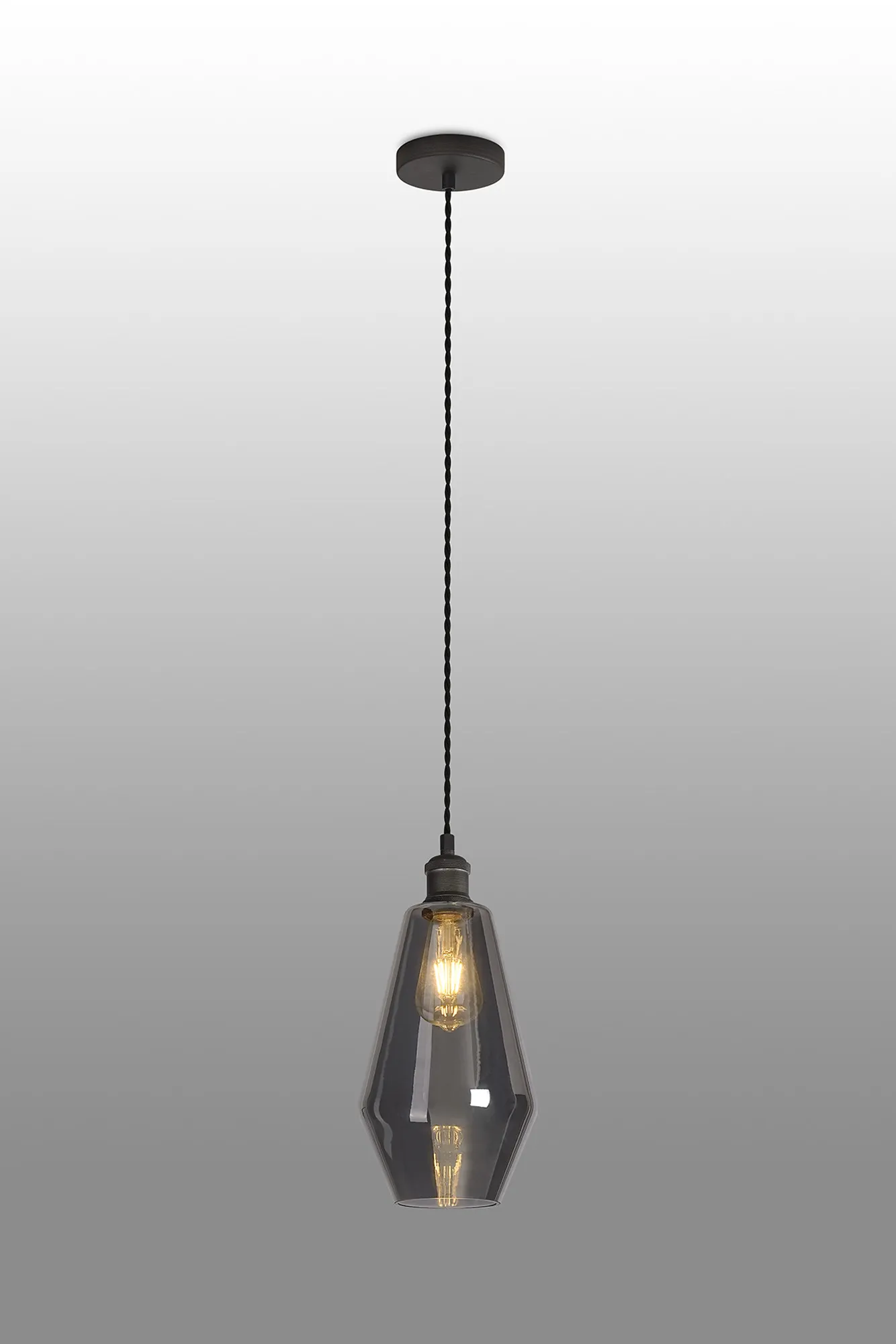 Cawdor Single Pendant, 1 Light E27, Pewter/Dark Grey/Smoke Kite Glass DK1142  Deco Cawdor